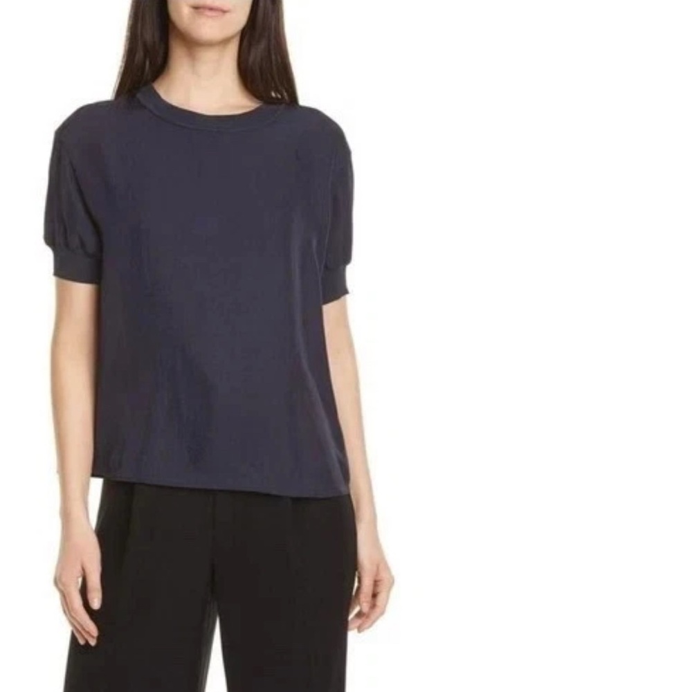 Vince Top Rib Trim Coastal Satin Crepe Crewneck Short Sleeve Relaxed